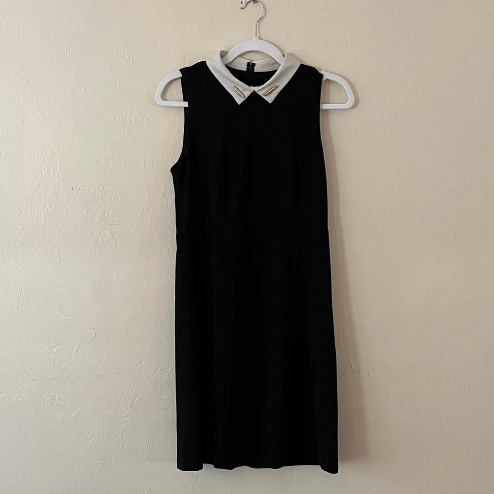 Black Midi Dress with Gold Detail White Collar